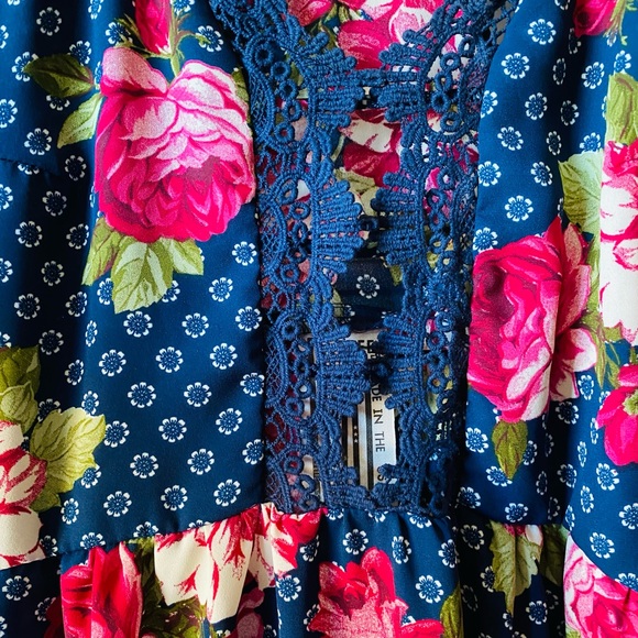 Free People | NEW Strappy Blue Floral Rose Lace Trim Midi Dress - Picture 5 of 13